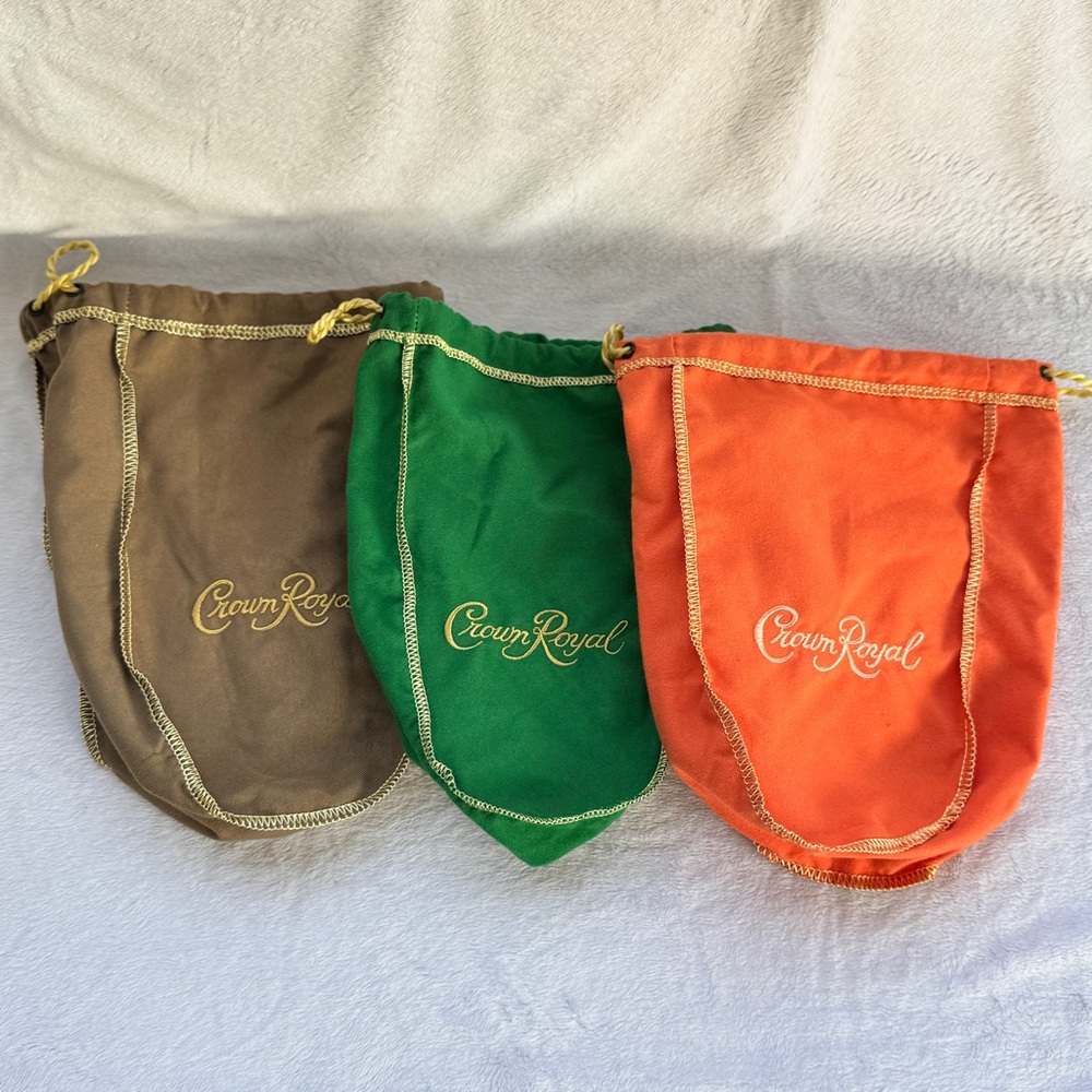 Lot‎ of 3 Crown Royal Drawstring Bags Mixed Colors: Green, Orange, & Brown.